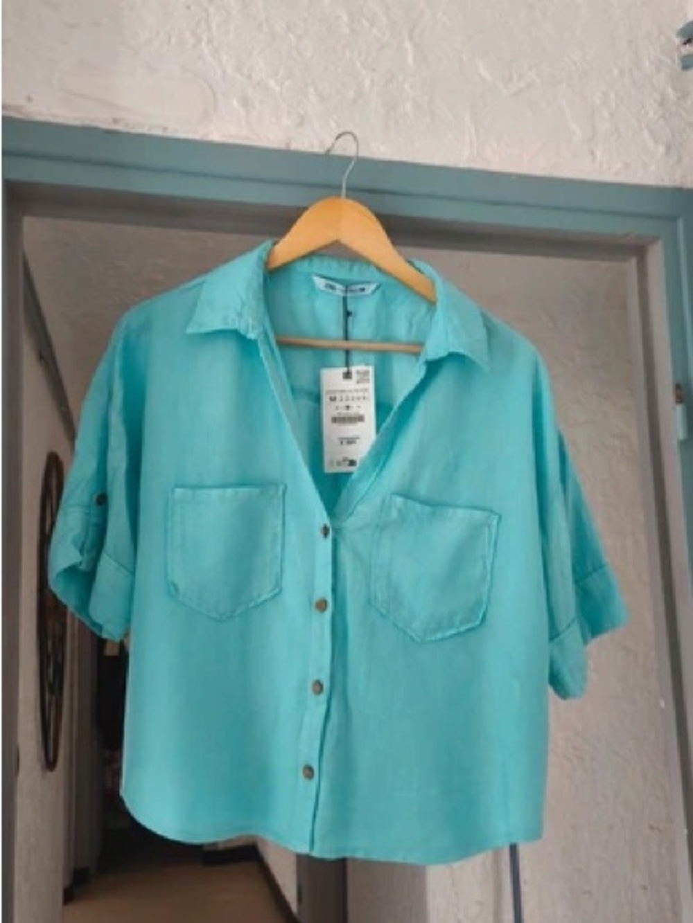 Zara Turquoise Short-Sleeve Button-Down Shirt